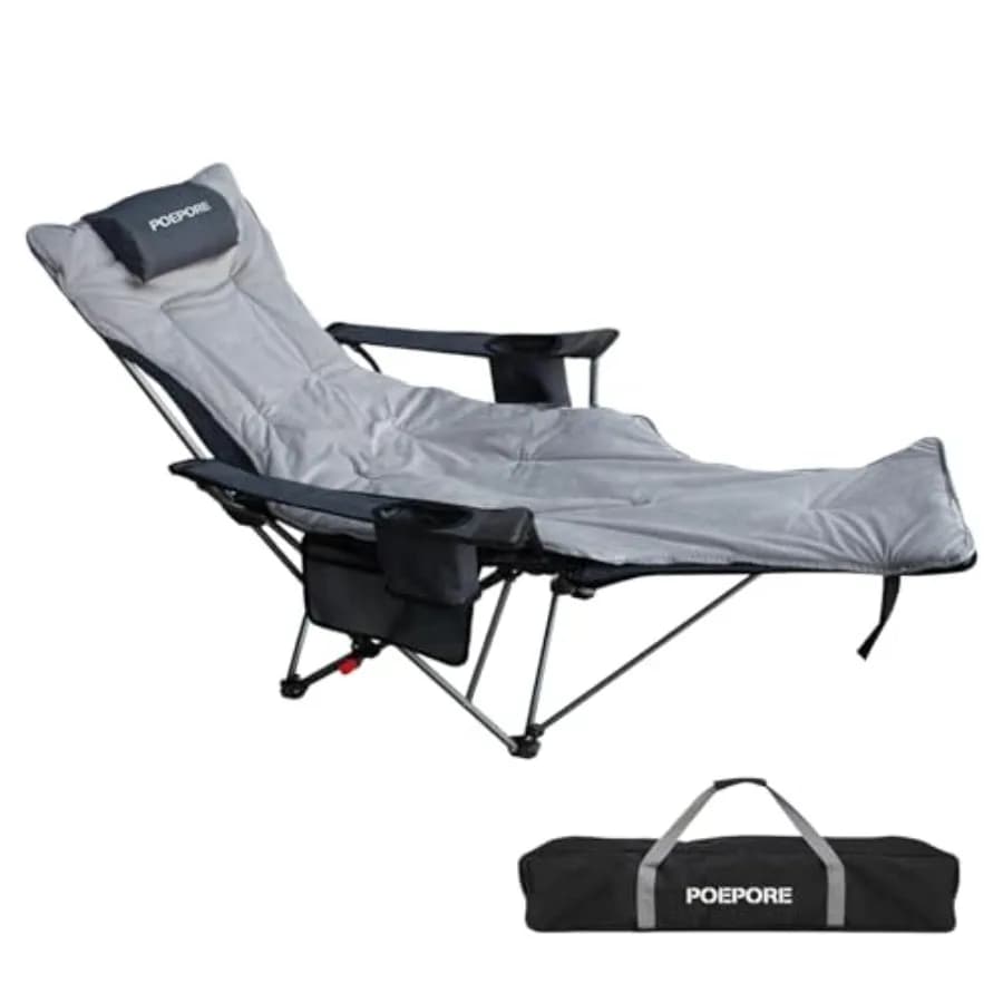 Sedia da campeggio reclinabile con poggiapiedi e poggiatesta rimovibili, cuscino in cotone, design pieghevole portatile e regolabile per uso esterno