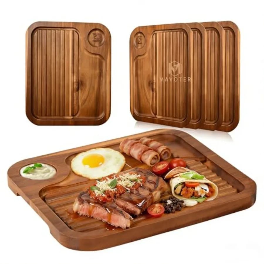 Piatti per Bistecche in Legno di Acacia, Tagliere per Carne, Piatto in Legno per Servire Cibo, Vassoio per Formaggi e Salumi
