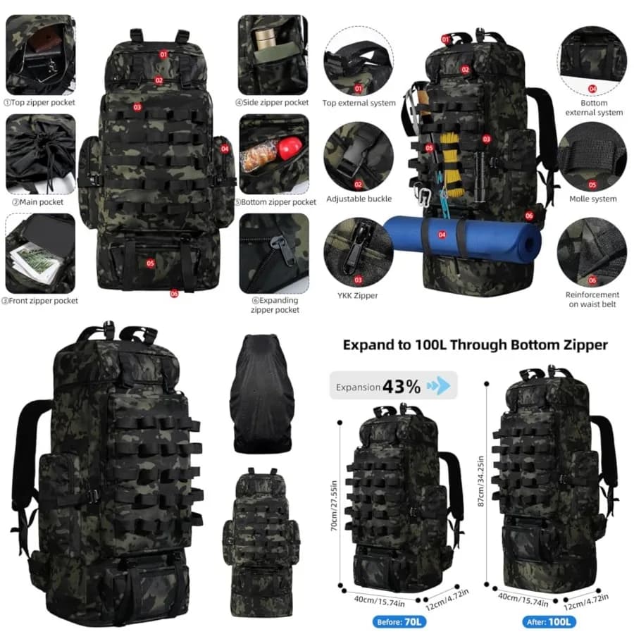 70L/100L Camping Hiking Backpack with Rain Cover, Expandable Large Military Tactical Backpack, Waterproof Molle Racksack Travel