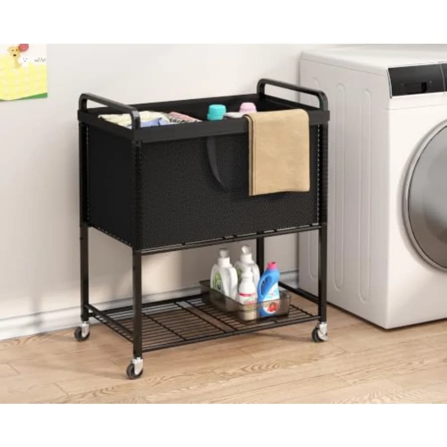 Laundry Hamper cart with wheels: 120L Large Rolling Laundry Sorter with 2 Section Removable Washable Bag Metal Storage Shelf fo
