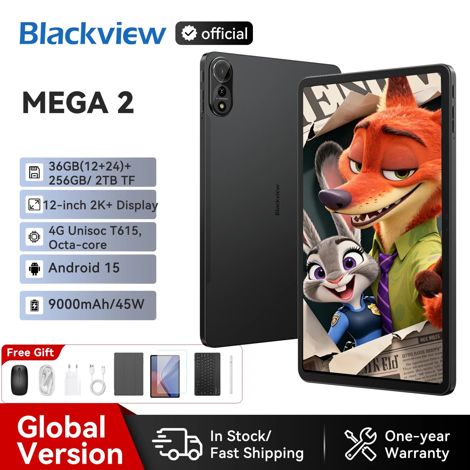Blackview MEGA 2 tablet set with keyboard, mouse, stylus, display 12''' 2K 12GB+24GB RAM 256GB ROM, Android tablet 15, 9000mAh