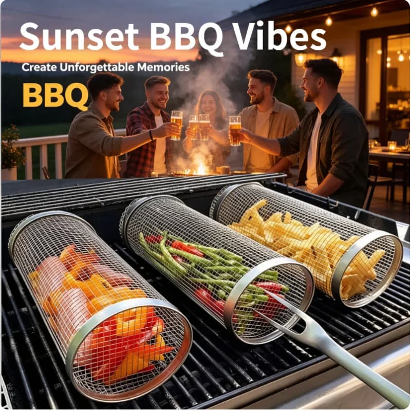 Set 2 Pezzi Griglia BBQ in Acciaio Inossidabile, Gabbia Portatile per Barbecue, Forchetta e Gancio, Griglia di Cottura, Utensili per Grigliare per Campeggio Esterno e Giardino