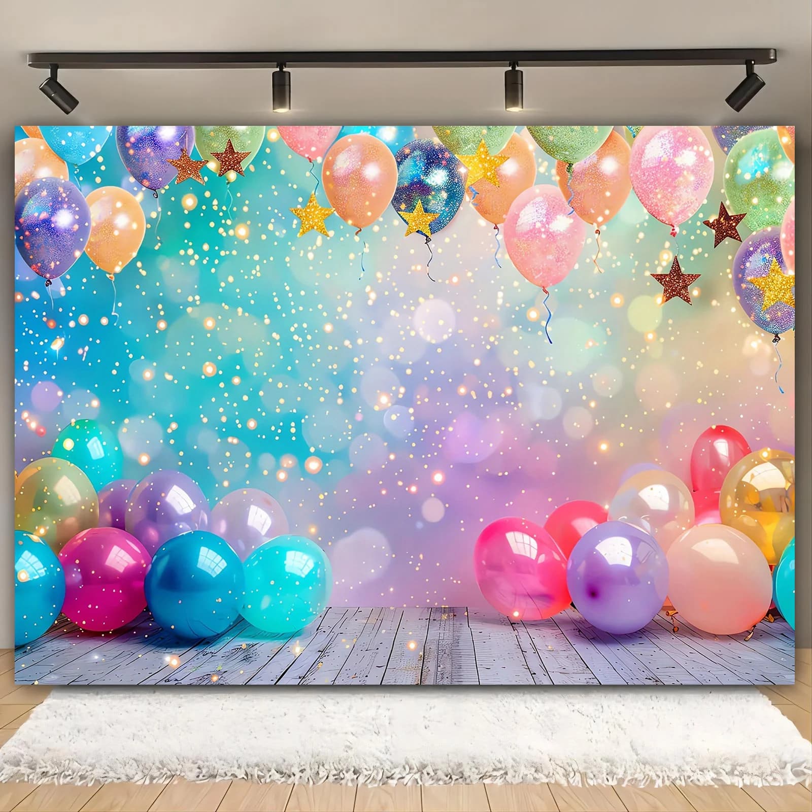 Vivid Balloons Sparkling Stars Tapestry Celebration Backdrop Wall Hanging for Birthday Party Decoration