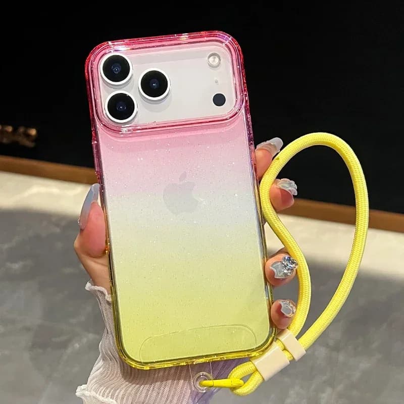 Custodia Protettiva per iPhone 17 Air 16 15 14 13 12 Pro Max con Glitter Sfumato e Laccetto da Polso