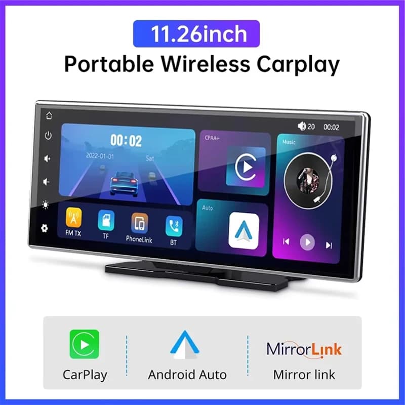 New 10.26/11.26 inch IPS video touchscreen media player, portable dashcam with dual lens design and CarPlay/Android Auto wireless.