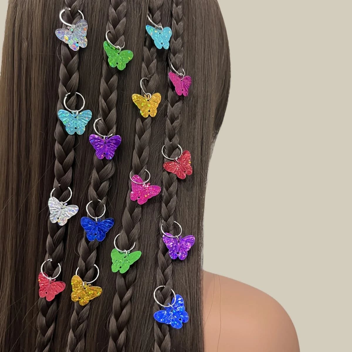 16 pieces of colorful butterfly pendants with braids and hair loops are cute, adorable and playful