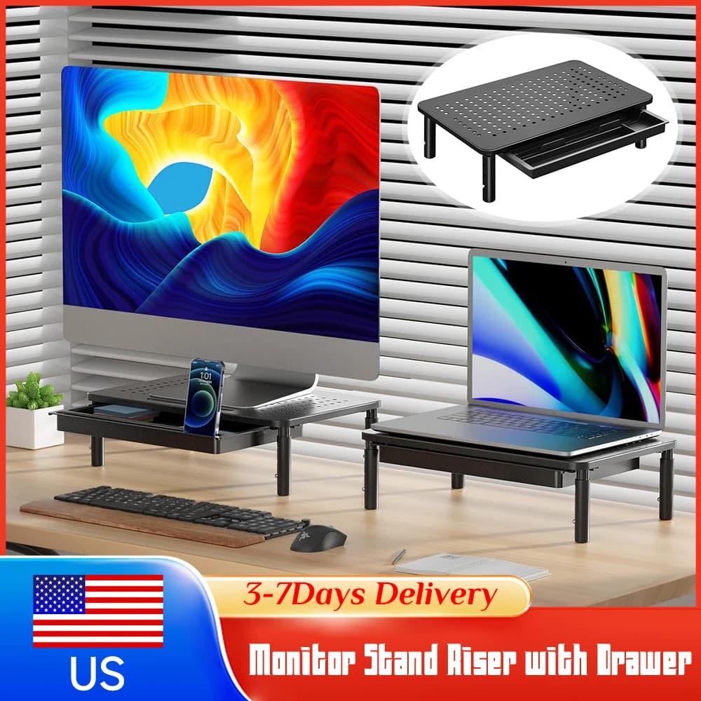 Support for Monitor with Drawer, Adjustable in 3 Heights, Laptop Desk Organizer, PC, Printer, Office, Home, School
