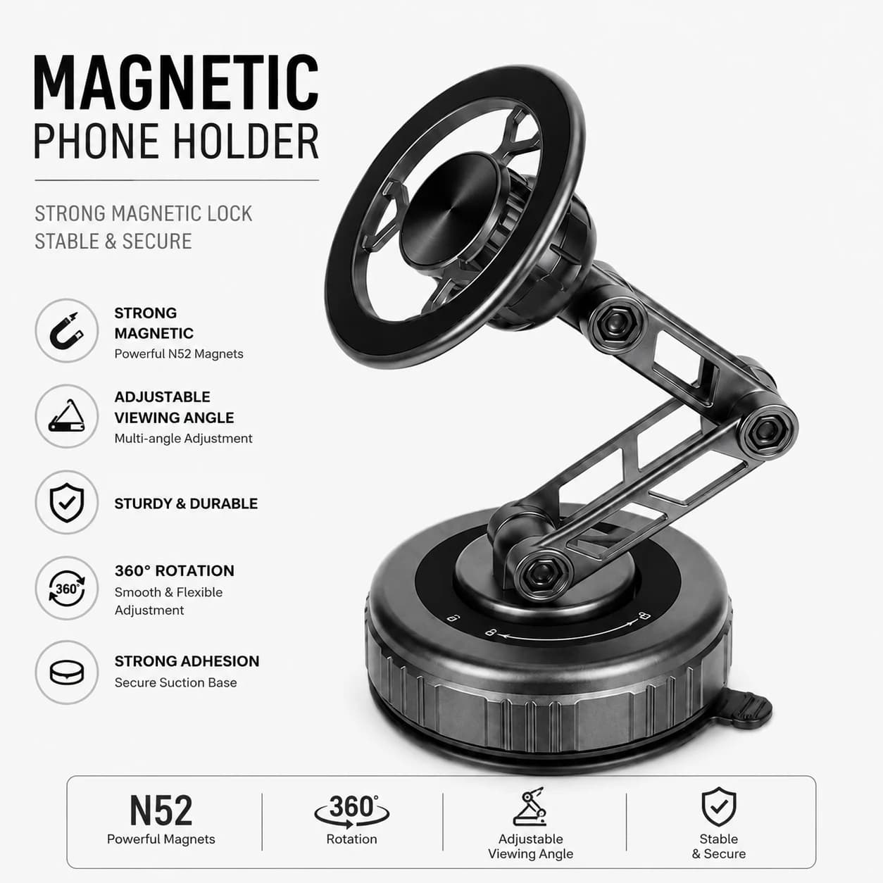 Vacuum & Magnetic Car Mount – Foldable 3-Axis 360° Arm for Dashboard Navigation, Universal Holder for All Smartphones