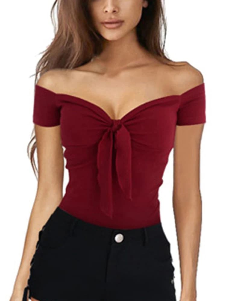 Estate tinta unita basic casual manica corta scollo a V spalle scoperte top sexy beach party slim fit t-shirt stile dolce abbigliamento da donna