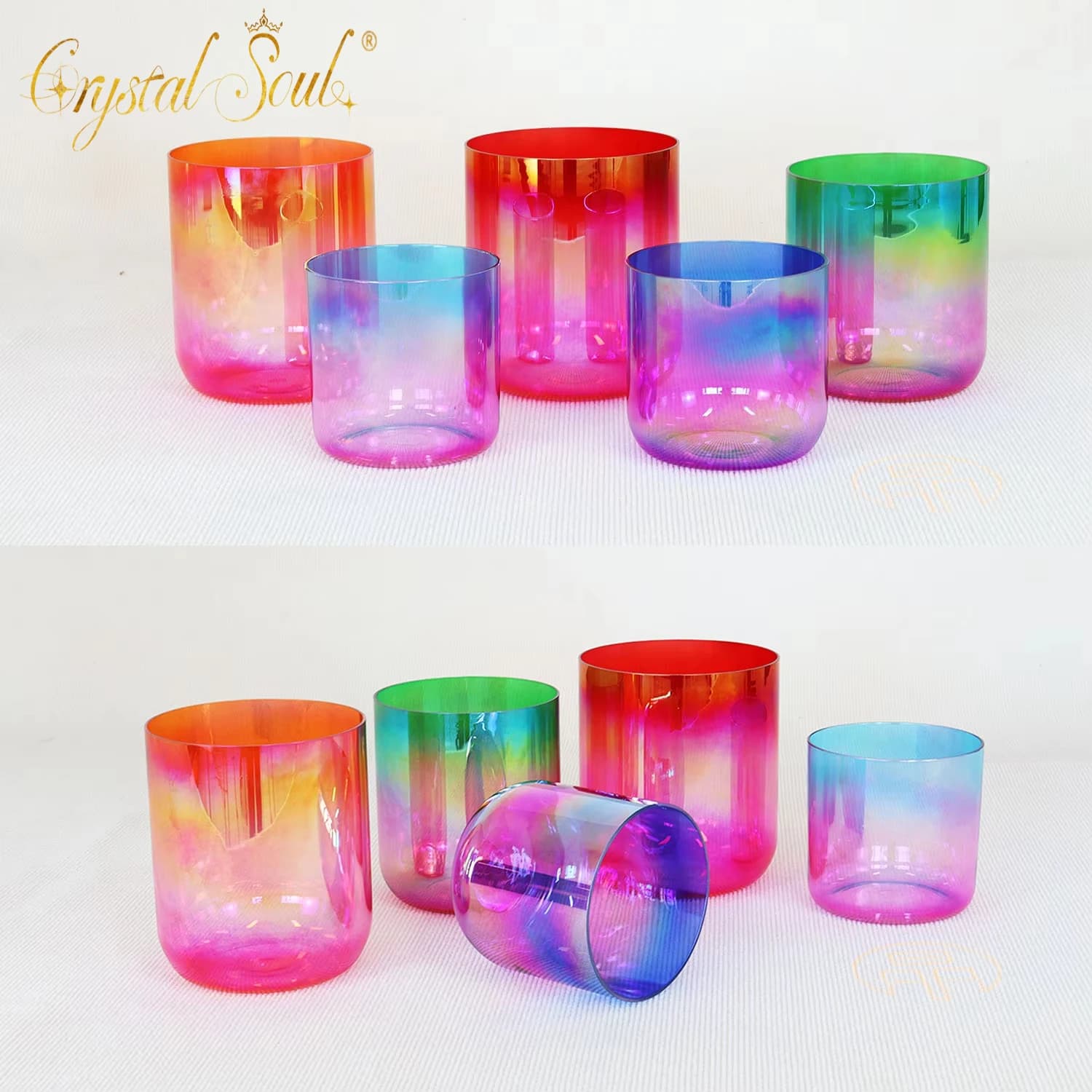 CrystalSoul 432hz Gradual Color Crystal Singing Bowl Set Quartz Sound Bowl with bag and accessories