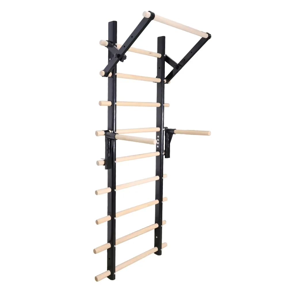 Multifunctional staircase for interior, double traction bar, wall mounted, wood, for fitness, gym, yoga, ribbed structure