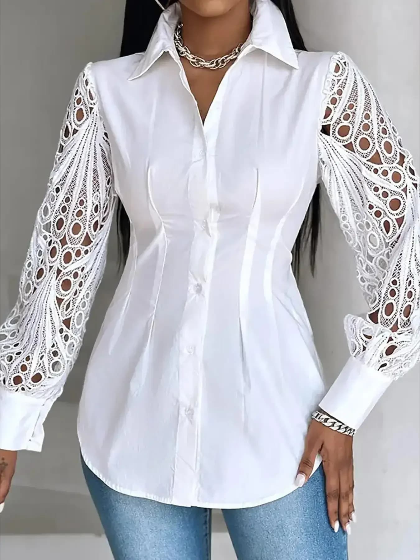 Plus Size 1XL-5XL Women's blouse with couverture collar in plain color Women's casual long sleeve shirt with buttons