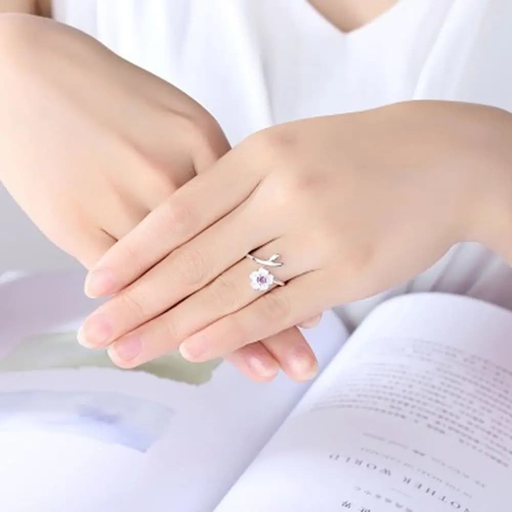 Light Luxury Open Finger Ring Pink Rhinestone Temperament Rhinestone Couple Ring Adjustable Elegant Cherry Blossom Cuff Ring