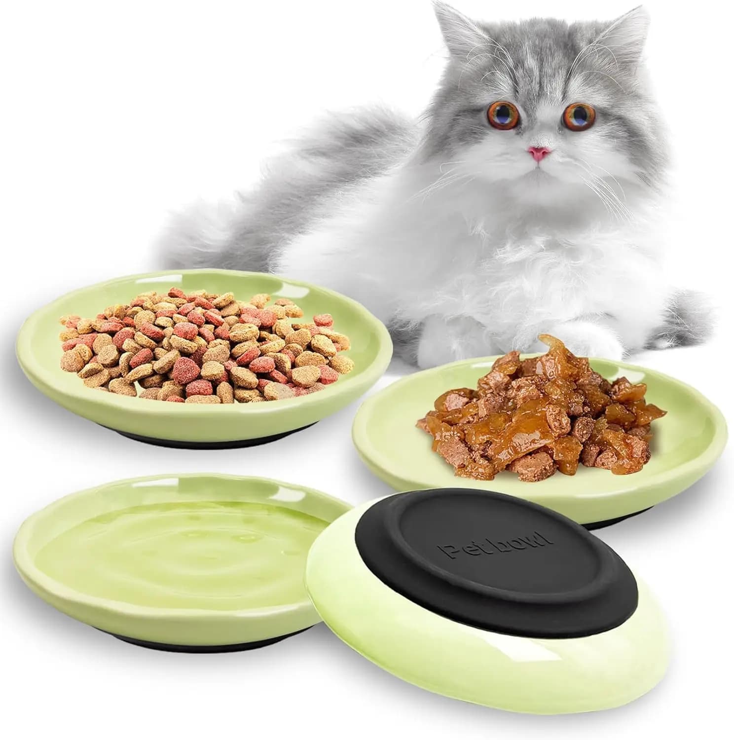 4 pezzi ciotole per cibo per gatti piatti per gattini poco profondi in ceramica fondo in silicone antiscivolo set di ciotole per gatti amichevole per baffi, set per animali domestici asciutti/bagnati