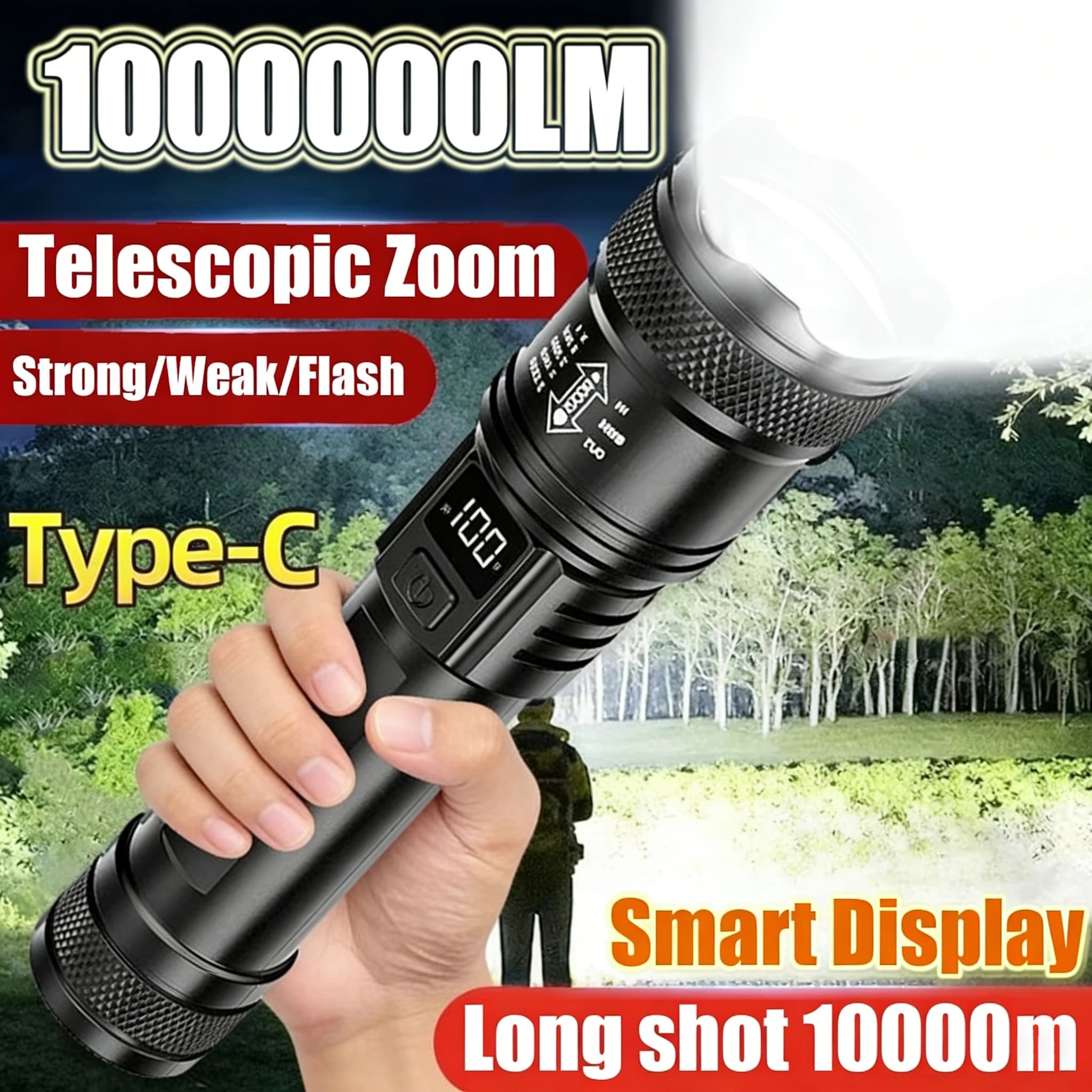 Torcia LED ad Alta Potenza 1000000LM, Torcia Tattica con Display Luminoso, Ricarica USB, Lanterna Zoom per Campeggio, Pesca ed Emergenze