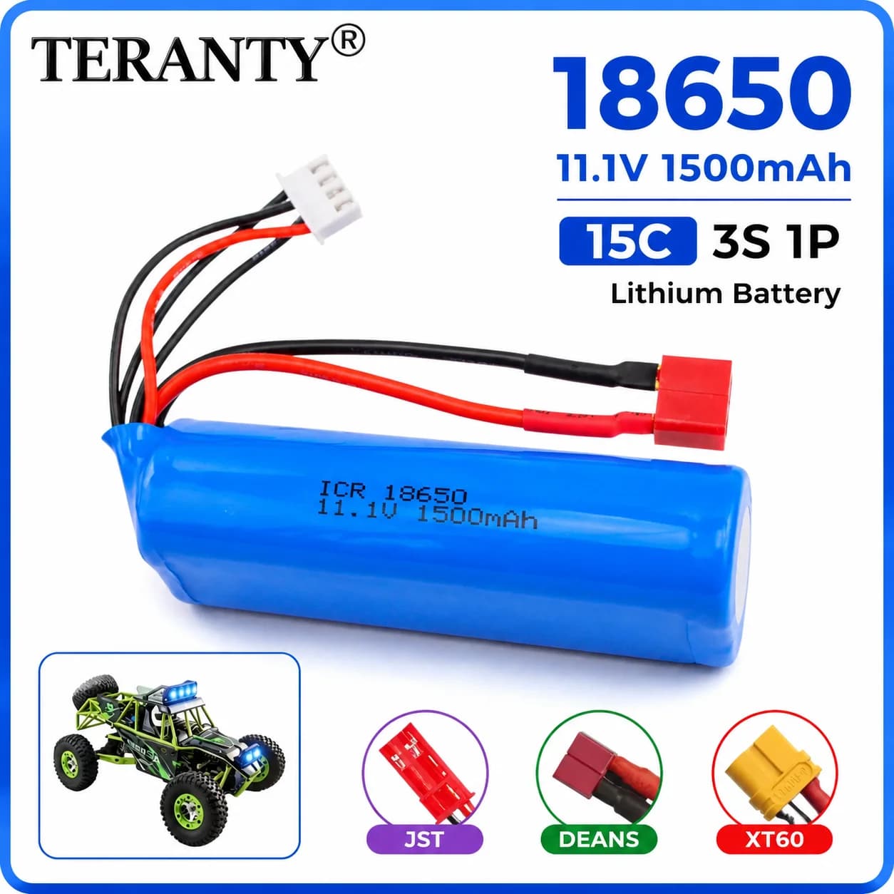 TERANTY 18650 11.1V 1500mAh 15C 3S 1P High-Rate Lithium Battery for RC Model Aircraft Car Toys Replacement Cell Drone Batteries