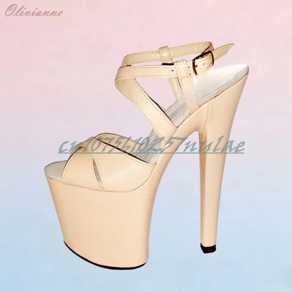 Sandali con tacco a plateau e design scavato, punta aperta, fibbia alla caviglia, in PU color nude, per Pole Dance, Scarpe da ballo da donna Estate 2026
