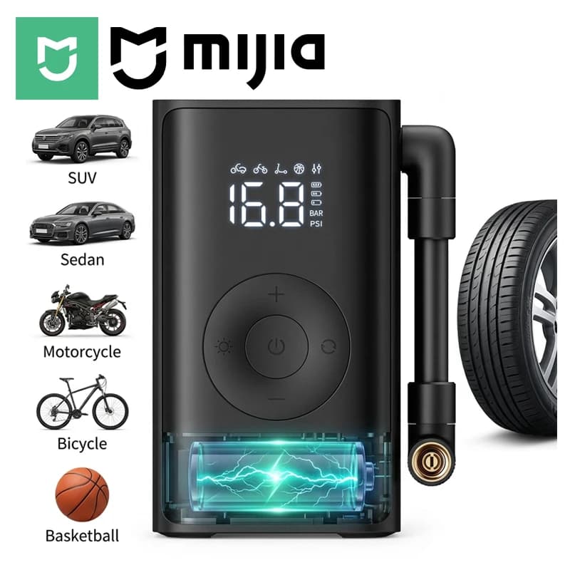 Compressore d'aria elettrico portatile MIJIA, mini pompa per bici senza fili con display, pompa per pneumatici auto da 150 PSI con luci LED