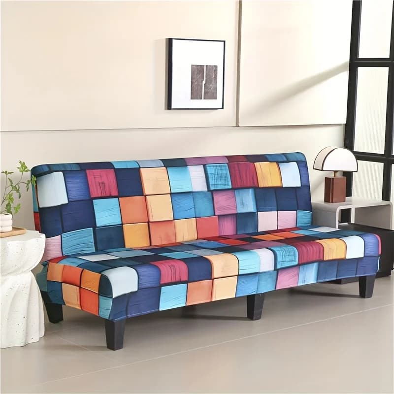 1pc Elastic sofa bed cover,Modern Colorful Patchwork Block Print Couch Slipcover for Living Room