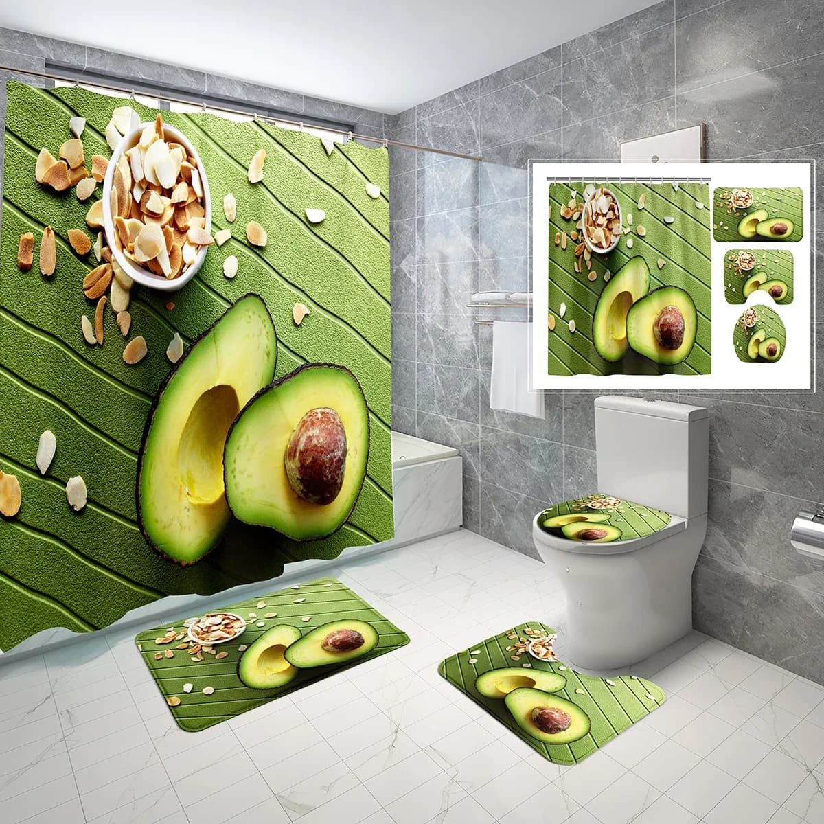 Set Tenda Doccia Avocado, Tema Frutta Verde Carino, 4 Pezzi, Tappetino Bagno Antiscivolo, Tenda Doccia Impermeabile, Set Copri WC