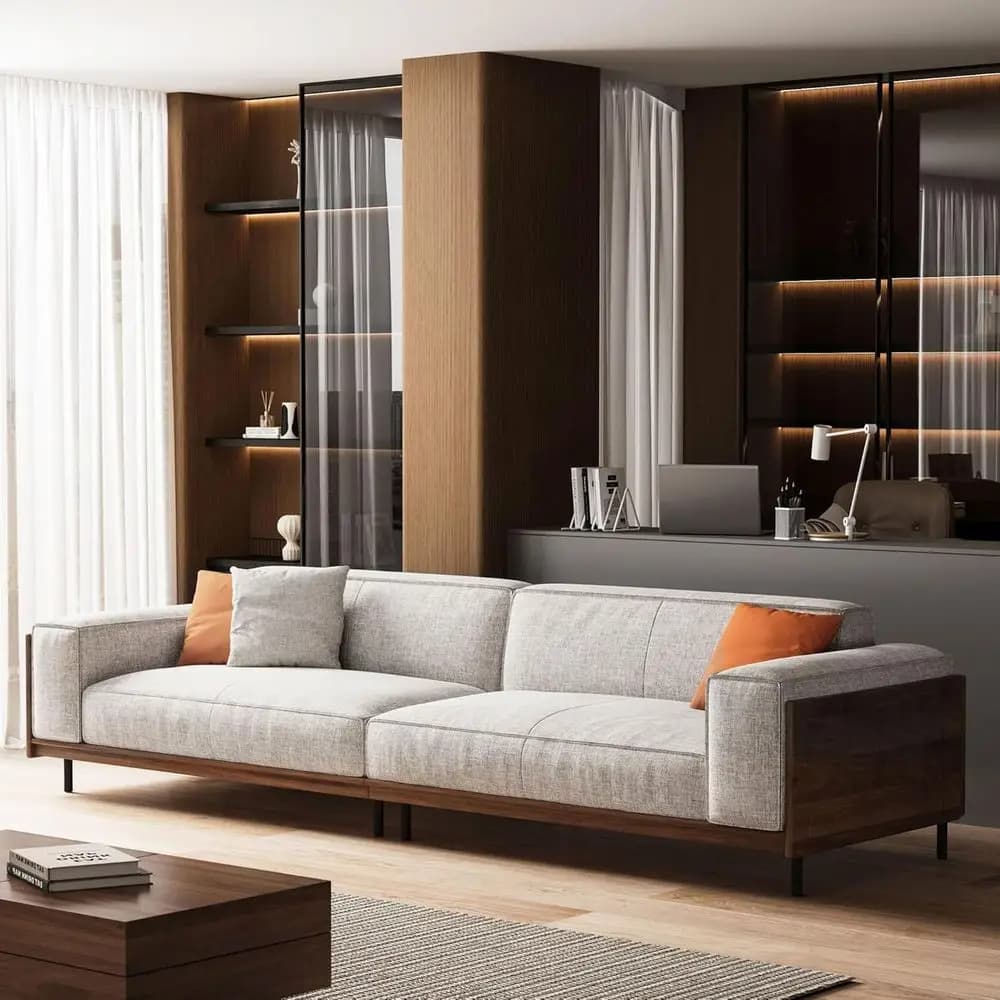 Elegante Copridivano Lavabile in Cotone-Lino con Braccioli Quadrati e Cuscini Decorativi