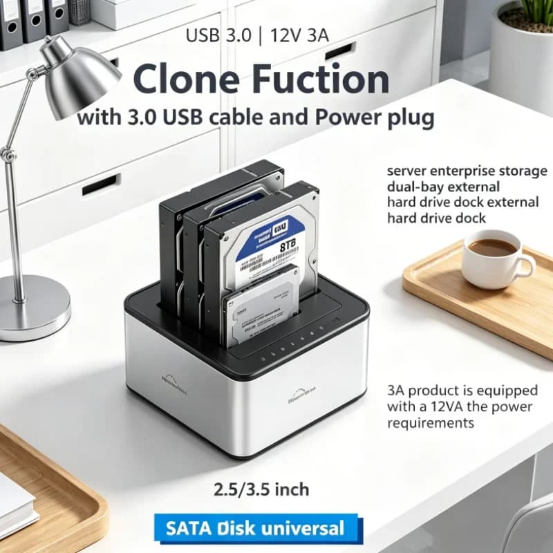 Adattatore Duplicatore SATA a USB 3.0 per SSD/HDD da 2.5 e 3.5 pollici, Stazione di Docking Dual Bay per Clonazione Offline, Box HDD/SSD