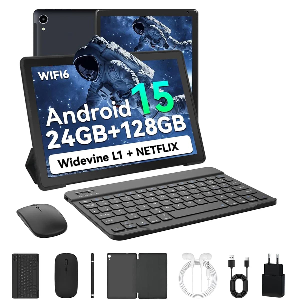 URAO Tablet Android 15 da 10 Pollici, 8-Core, 24GB+128GB Espandibile a 1TB, WiFi 6, Fotocamere 5MP+8MP, Set con Stilo, Tastiera, Mouse e Cuffie