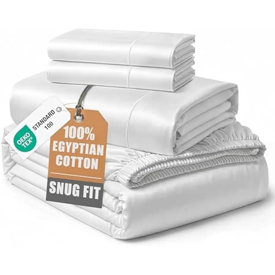 100% Egyptian Cotton Sheets Queen Size - Naturally Cooling & Breathable 4 Piece Silky Sateen Weave Queen Sheet Set, Ultra-Soft &