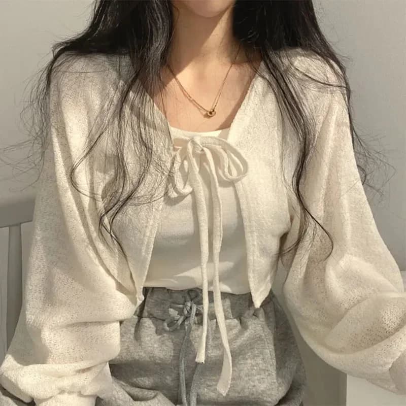 Cardigan knitted by woman summer white slim sun protection with laces knitwear top fashion female sleeve korean lantern coat short grey