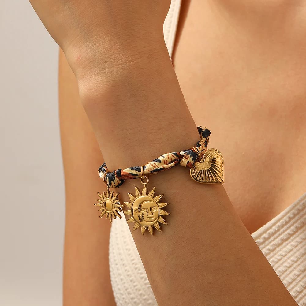 Stainless Steel Golden Sun Moon Heart Brown Maillard Ribbon Bracelet Lady New Fashion Classic Wrist Chain Jewelry