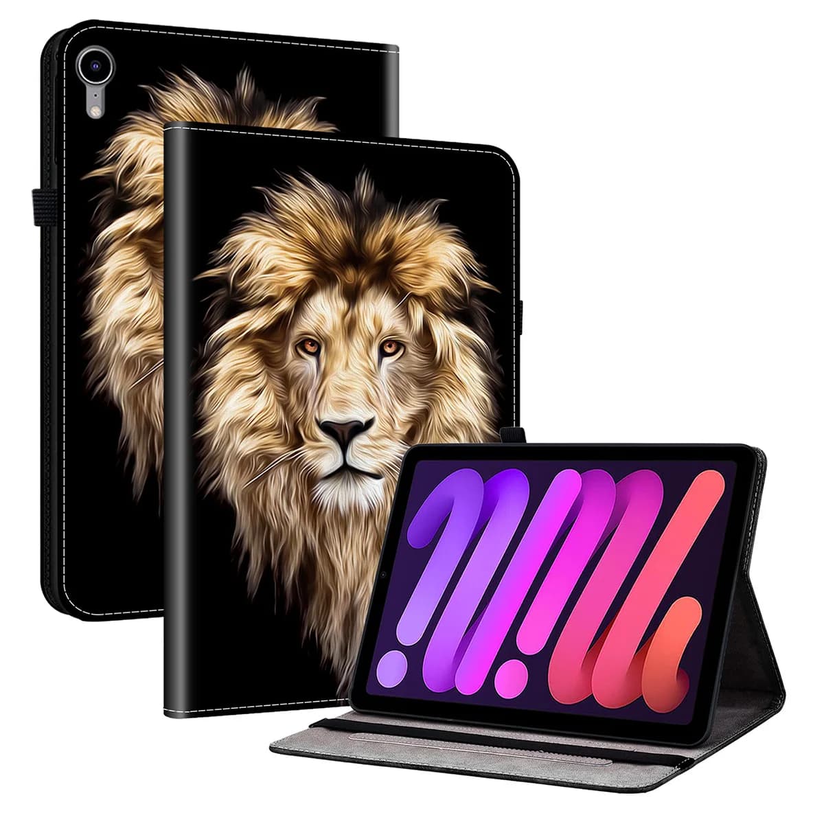 For iPad mini (2024) / (2021) Leather Case Pattern Printed Stand Tablet Cover with Card Slots - Lion Head