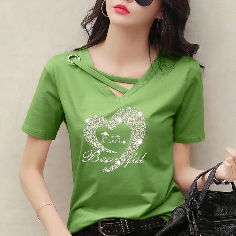 Moda scollo a v impiombato scava fuori diamanti t-shirt abbigliamento donna 2024 estate nuovi top larghi All-match magliette Casual