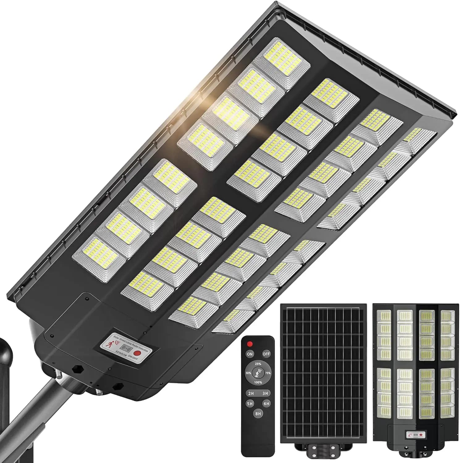Lampioni Solari da Esterno 8000W, 450000LM con Sensore di Movimento, Impermeabili IP66, Funzione Crepuscolare per Parcheggi, Cortili e Fattorie