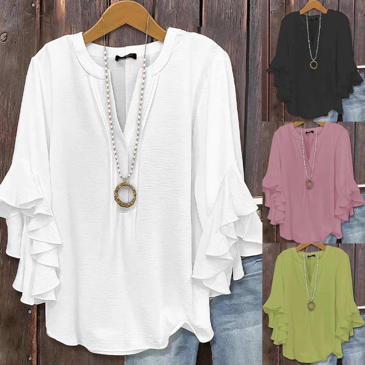 Women's V Neck Ruffle Sleeve Blouse Split Neck Layered Flare Cuff Casual Loose Chiffon Tops for Woman Clothing