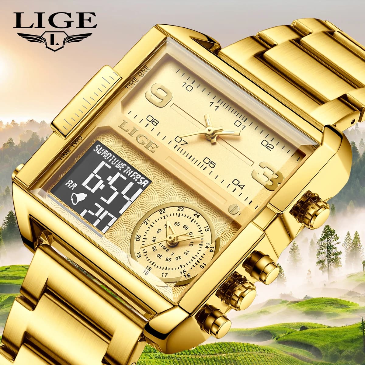 LIGE Nuovo Orologio da Uomo di Lusso di Alta Gamma, Orologio Sportivo Quadrato Digitale Analogico in Acciaio Dorato, Grande Orologio al Quarzo per Uomo, Relogio Masculino