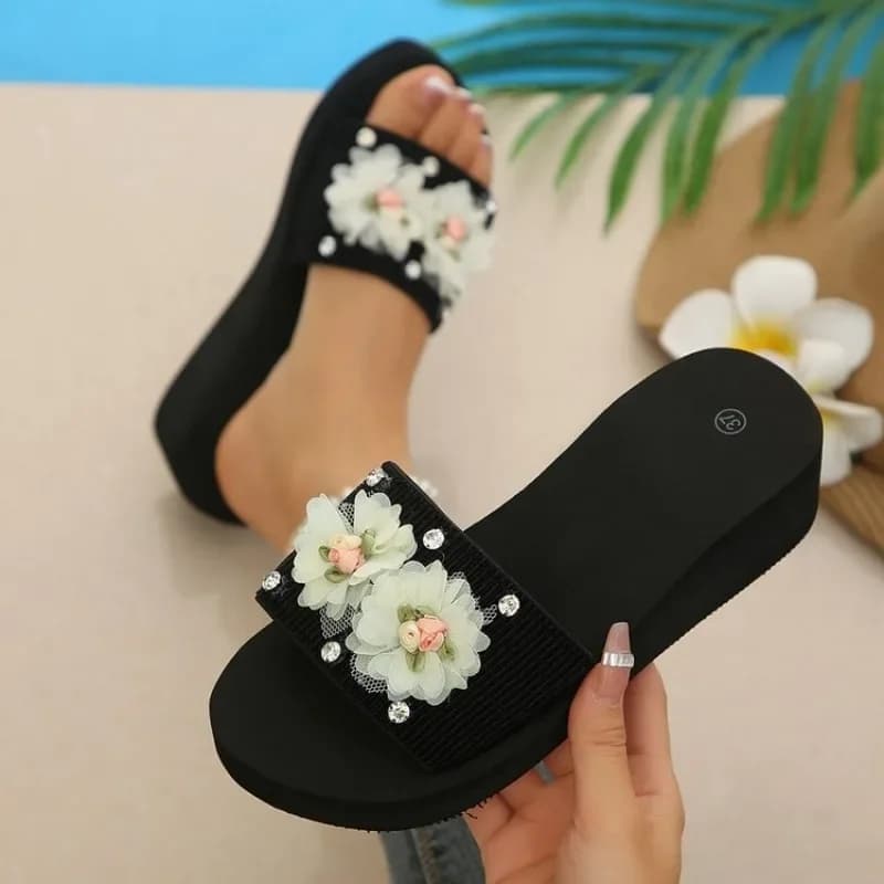 Ciabatte da casa con zeppa a fiore alla moda, con tacco alto, da donna, estive, con suola spessa, slip-on, da spiaggia, casual, piatte, per donna