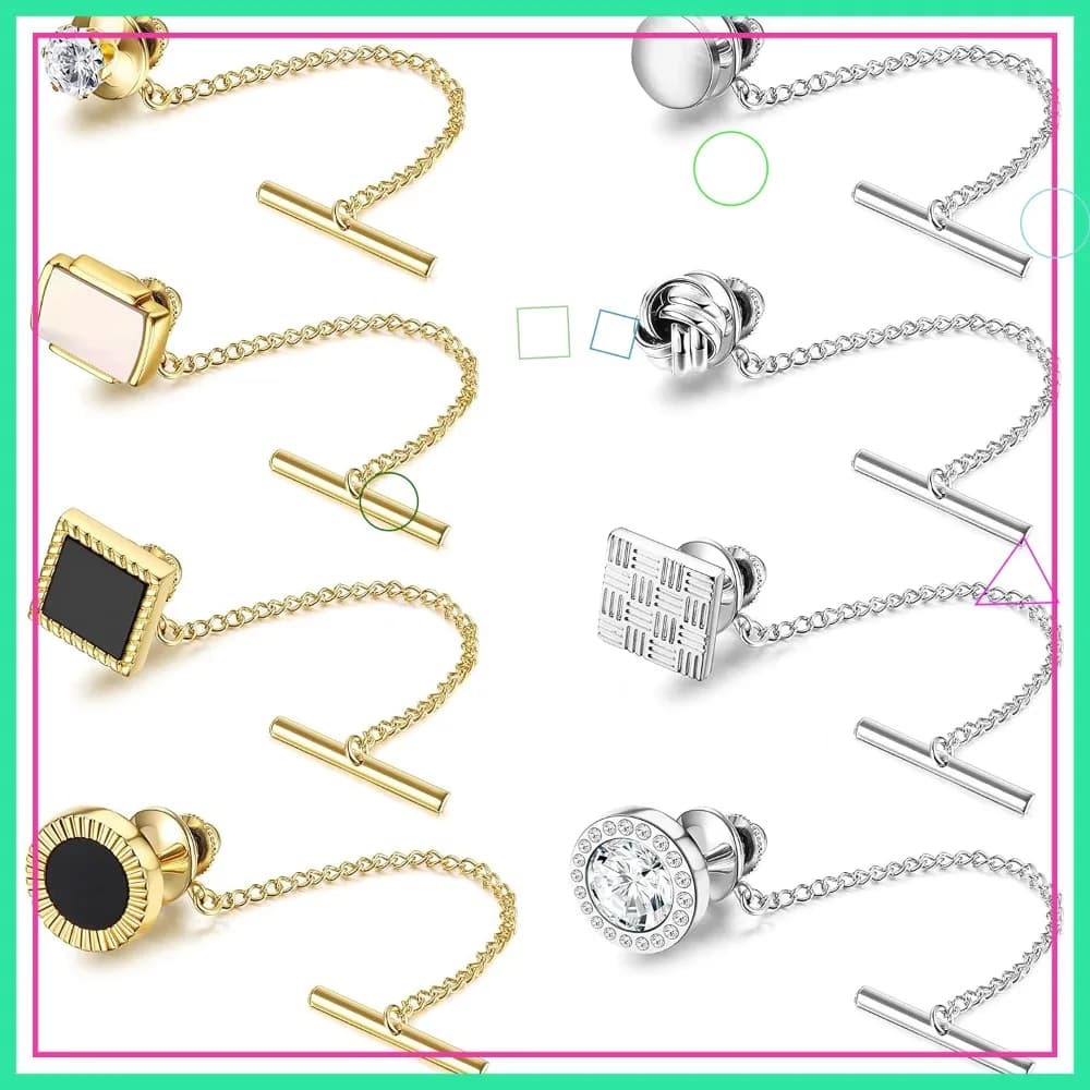 8 Fermacravatte da Uomo per Cravatte Classiche, Placcati in Oro 14K con Catena, per Matrimoni, Affari, Anniversari