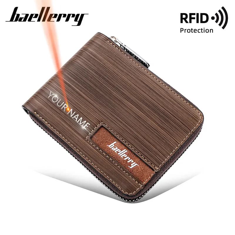 Baellerry RFID portafogli con cerniera da uomo nuovo porta carte corto nome gratuito incisione portafoglio maschile tasca portamonete fermasoldi da uomo in pelle PU