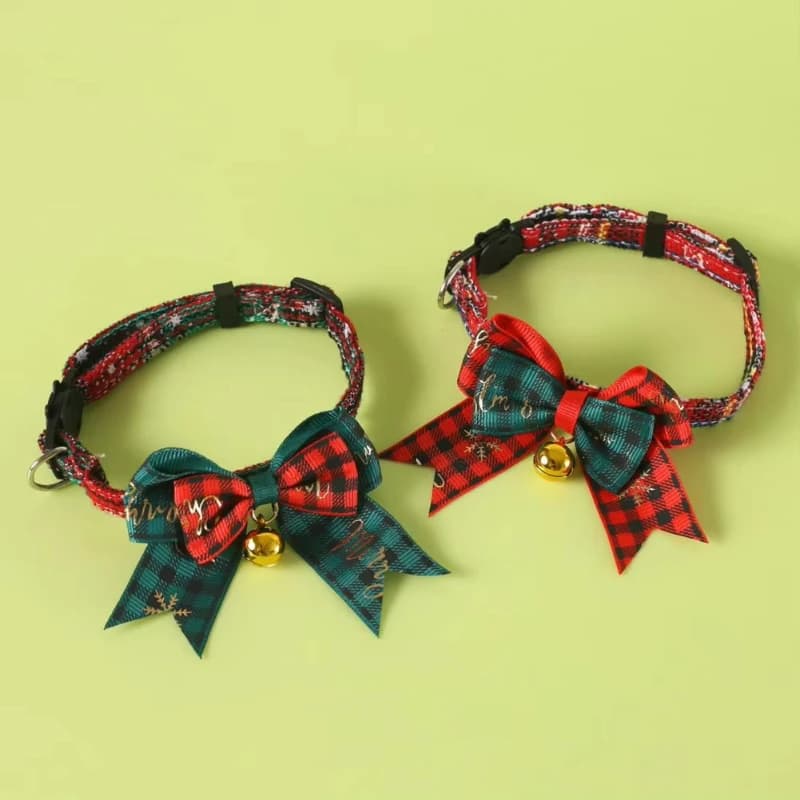 Christmas Cat Dog Collar Red & Green Plaid Bowknot Bow Tie Adjustable Safe Breakaway Collar for Xmas Dress-Up Photo Shoots Prop