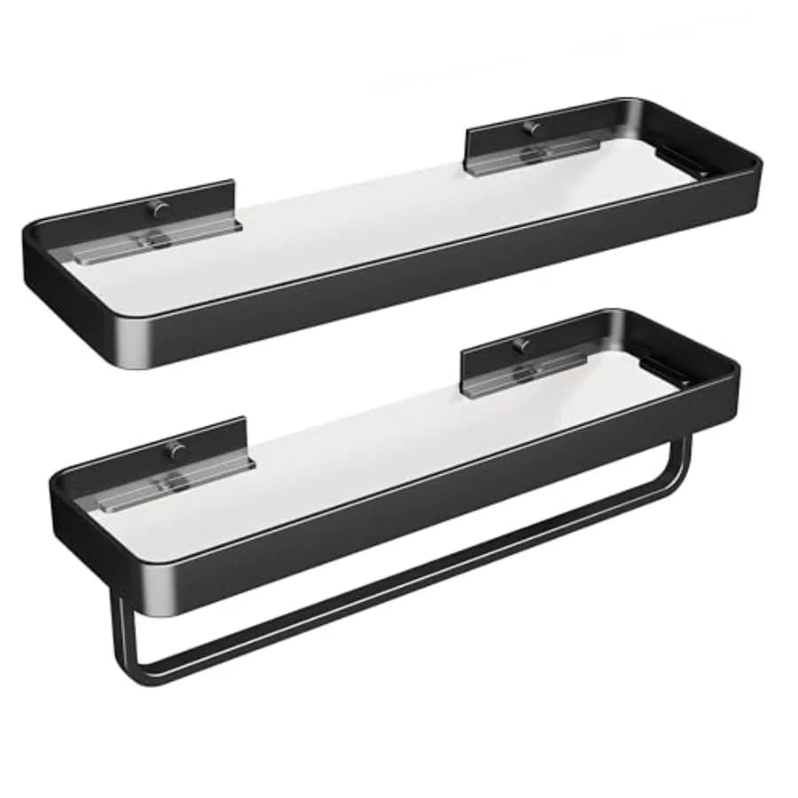 Mensole Galleggianti per Bagno con Porta Asciugamani, Set di 2 Mensole a Muro in Vetro Temperato Trasparente, Organizzatore Versatile per Bagno