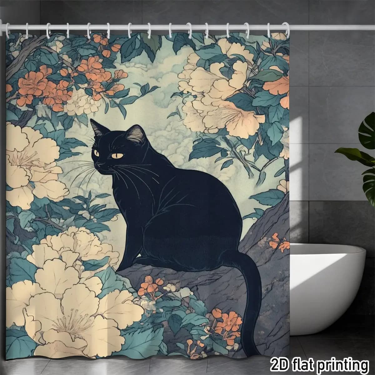 Tenda da doccia Black Cat – Design floreale vivace, stampa piatta 2D, poliestere resistente e impermeabile, 70×70 pollici, 12 ganci