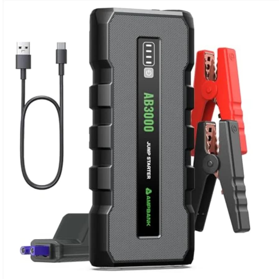 Avviatore di Emergenza Portatile 3000A 12V per Auto, Design Compatto in Plastica ABS Nera con Torcia LED e Ricarica USB