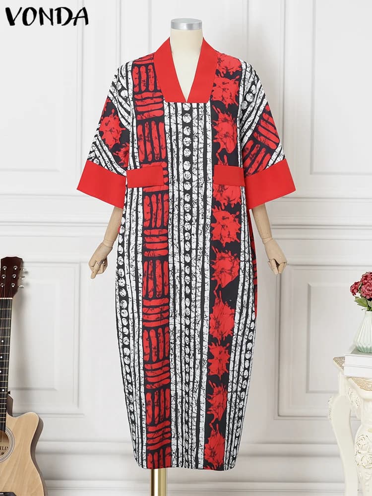 Plus Size VONDA Dress with Print Women's Summer Party Maxi Dress 2025 Vintage V-neck Sleeve 3/4 Casual Oversize Bohemian Robe 5XL