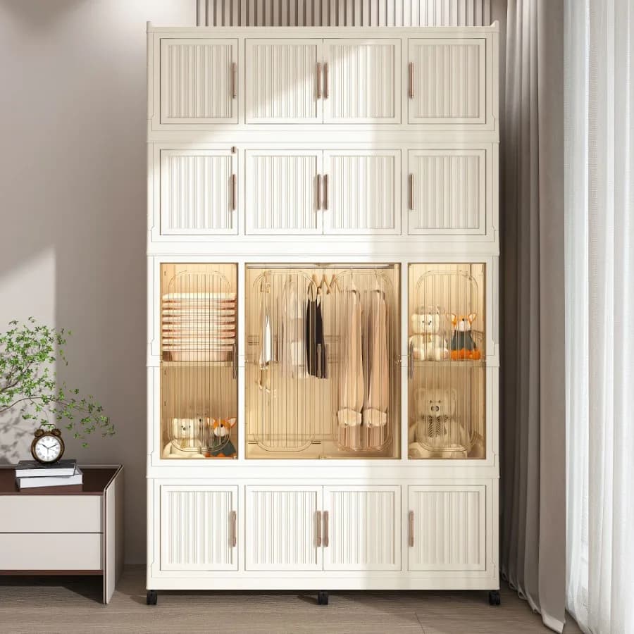 Armadio Portatile Organizzatore per Vestiti con 17 Porte Magnetiche, 17 Cubi, 1 Asta Appendiabiti e 6 Appendiabiti (Modello B)