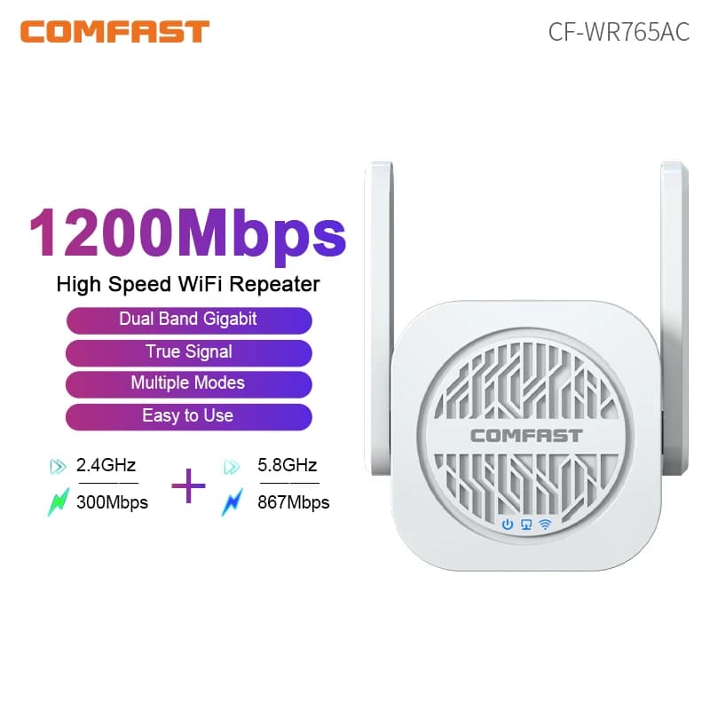 Ripetitore WiFi Comfast 2.4G&5G 1200Mbps, Estensore Wireless con 4 Amplificatori di Potenza, Porta Gigabit, 2 Antenne da 5dBi