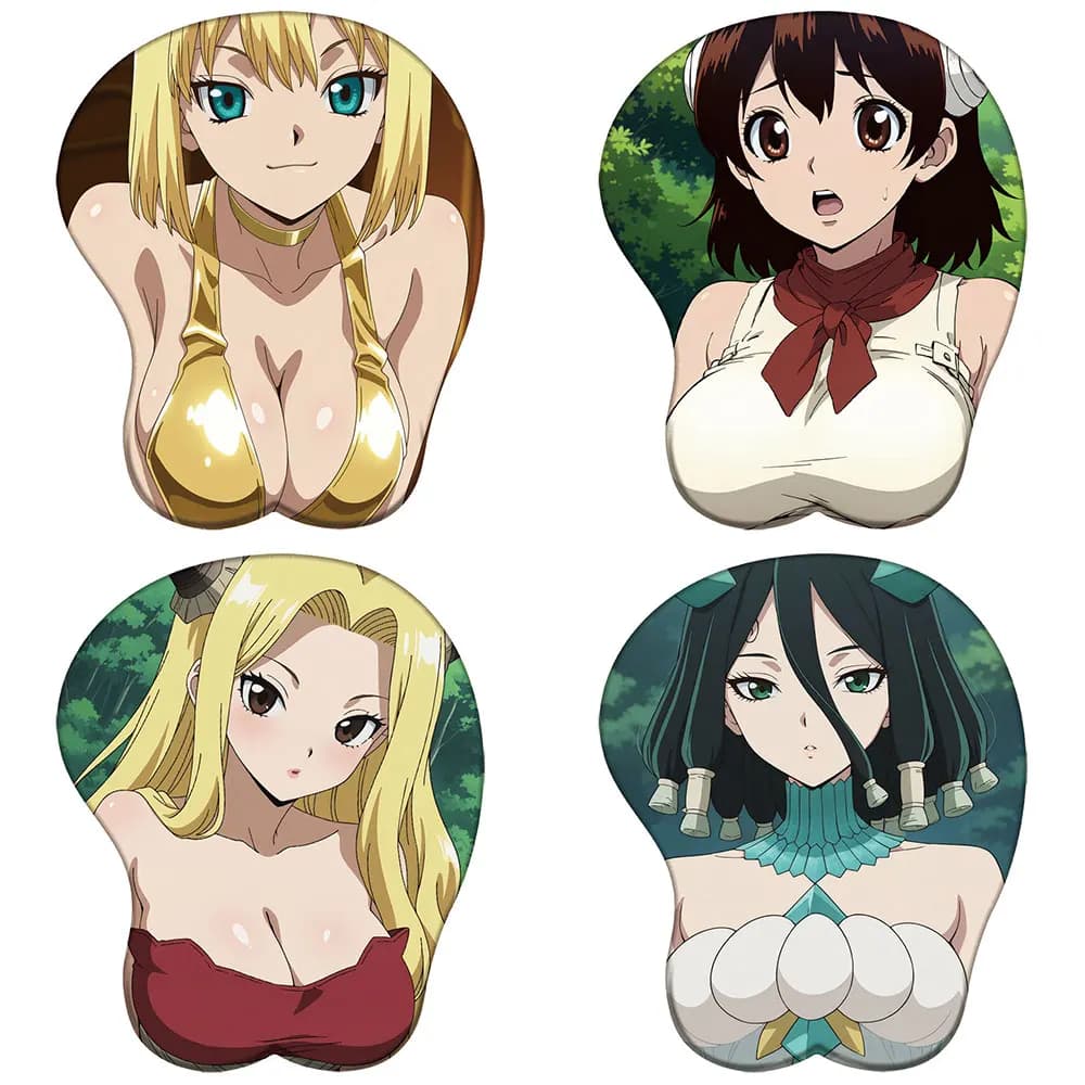 Anime Dr Stone Tappetino per mouse in silicone Kohaku Ogawa Yuzuriha Supporto per polso 3D Tappetino per mouse Petto sexy Poggiapolsi 3D Tappetino per mouse