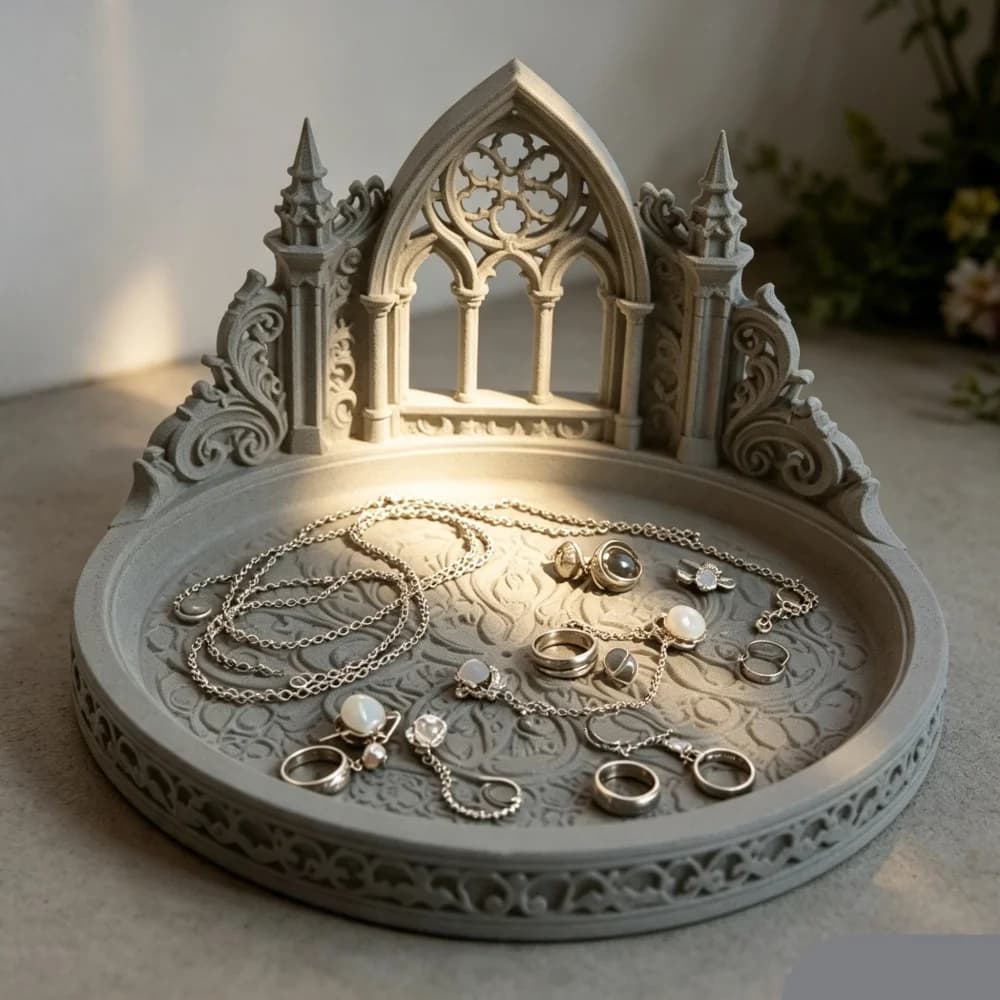 3D Printed White Gothic Cathedral Arch Jewelry Tray Desktop Organizer For Elegant Vanity Table Accessory Gift Idea