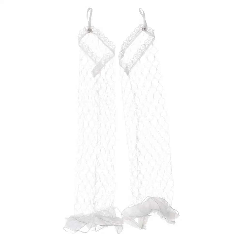 Guanti da donna elasticizzati ed eleganti in rete al gomito, lunghi, con volant, in pizzo, con fiocco, guanti da sposa, guanti bianchi