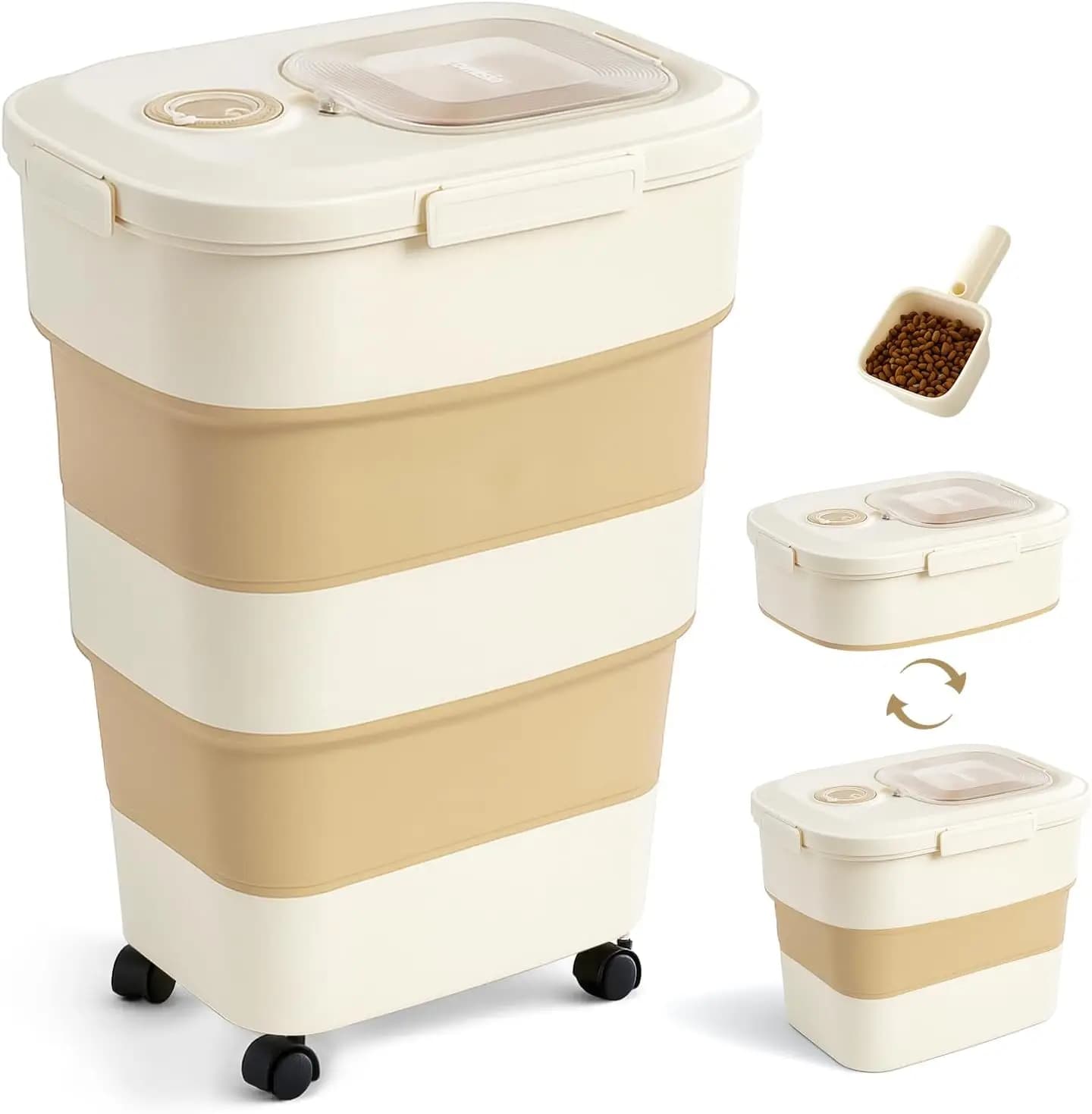 Dog Food Storage Container, Large Capacity Collapsible Airtight Pet Food Storage Containers with Rolling Wheels, Transparent Lid, Scoop and Date Track, Khaki