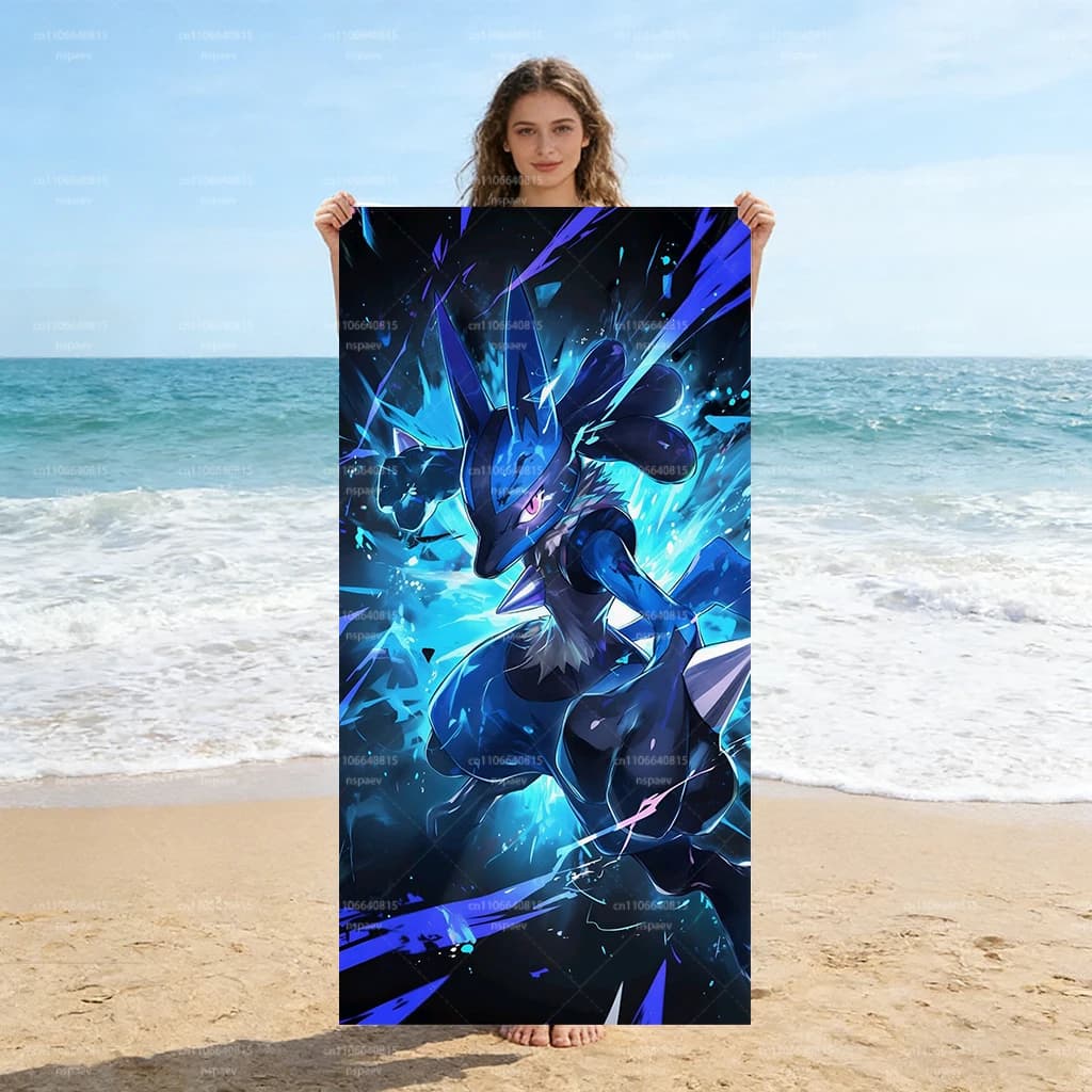 Asciugamano da spiaggia Lucario Pokemon, design Cool Blue Aura, asciugamano ultra morbido e leggero per piscina e viaggi